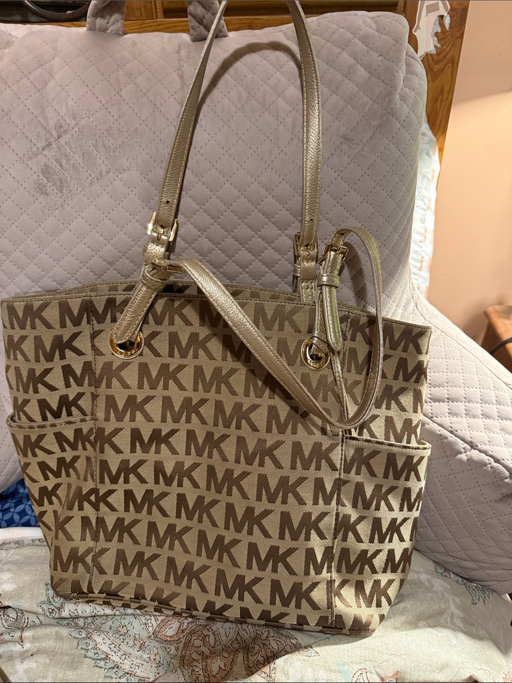 Michael Kors Tan and Brown MK Logo Tote with Gold-Tone Straps